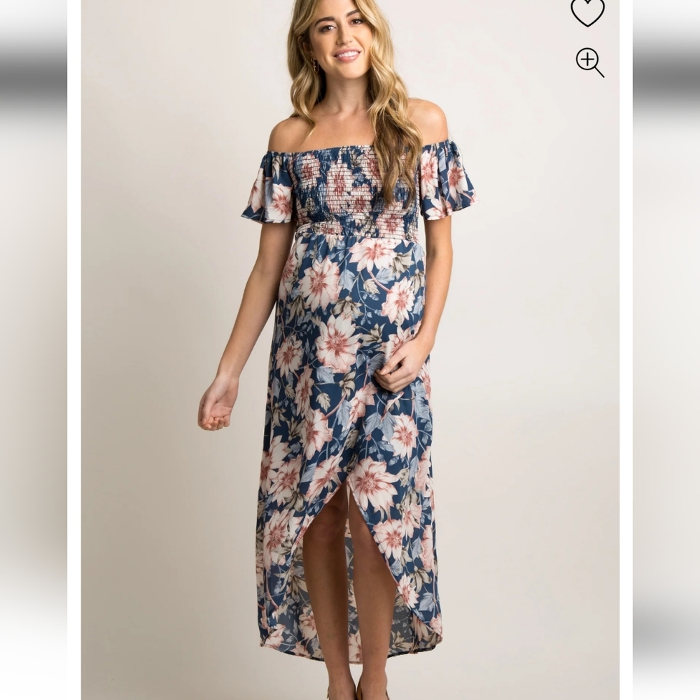 PinkBlush Blue Floral Off Shoulder Smocked Wrap Maternity Dress SM